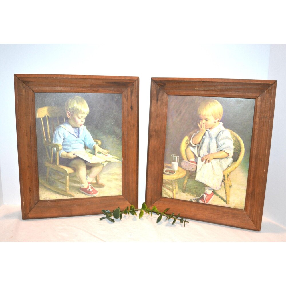Vintage Boy & Girl Wood Framed Art Traditional